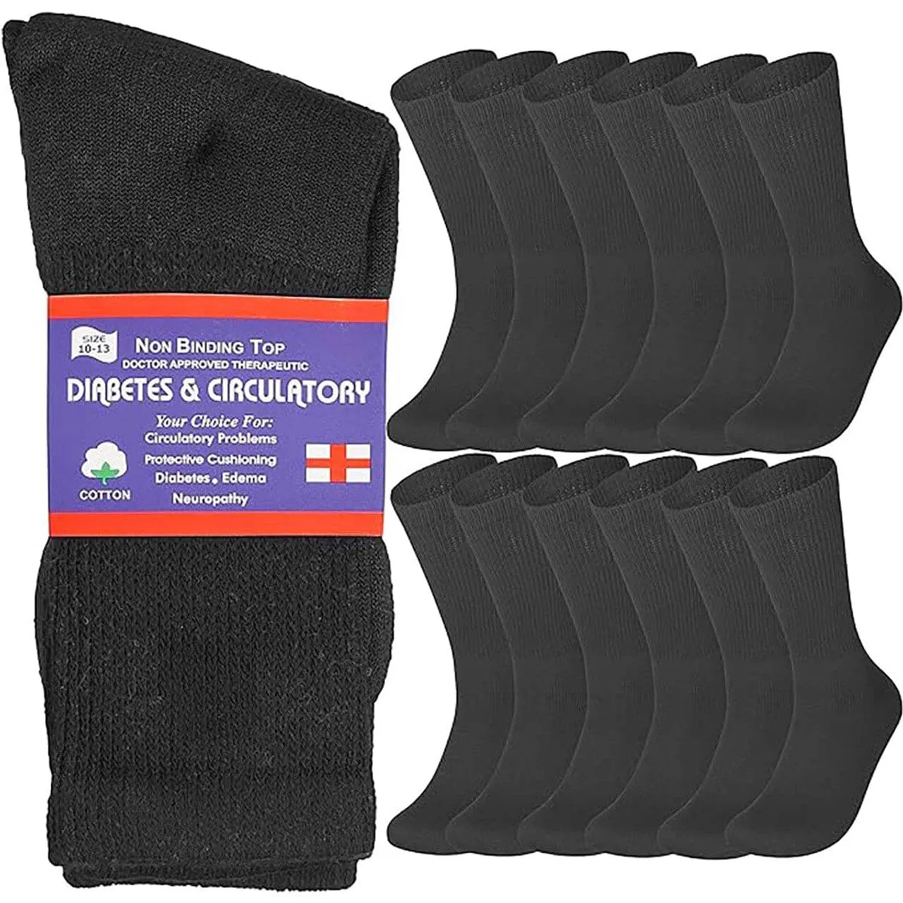 12-Pairs: Cotton Non-Binding Diabetic and Circulatory Crew Socks