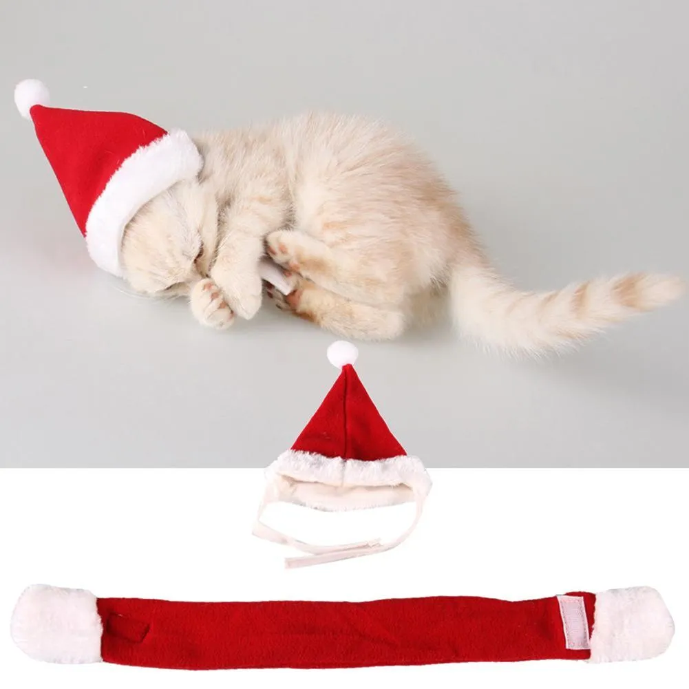 2pcs Pet Cat Dog Santa Hat Scarf Christmas Xmas Red Holiday Costume