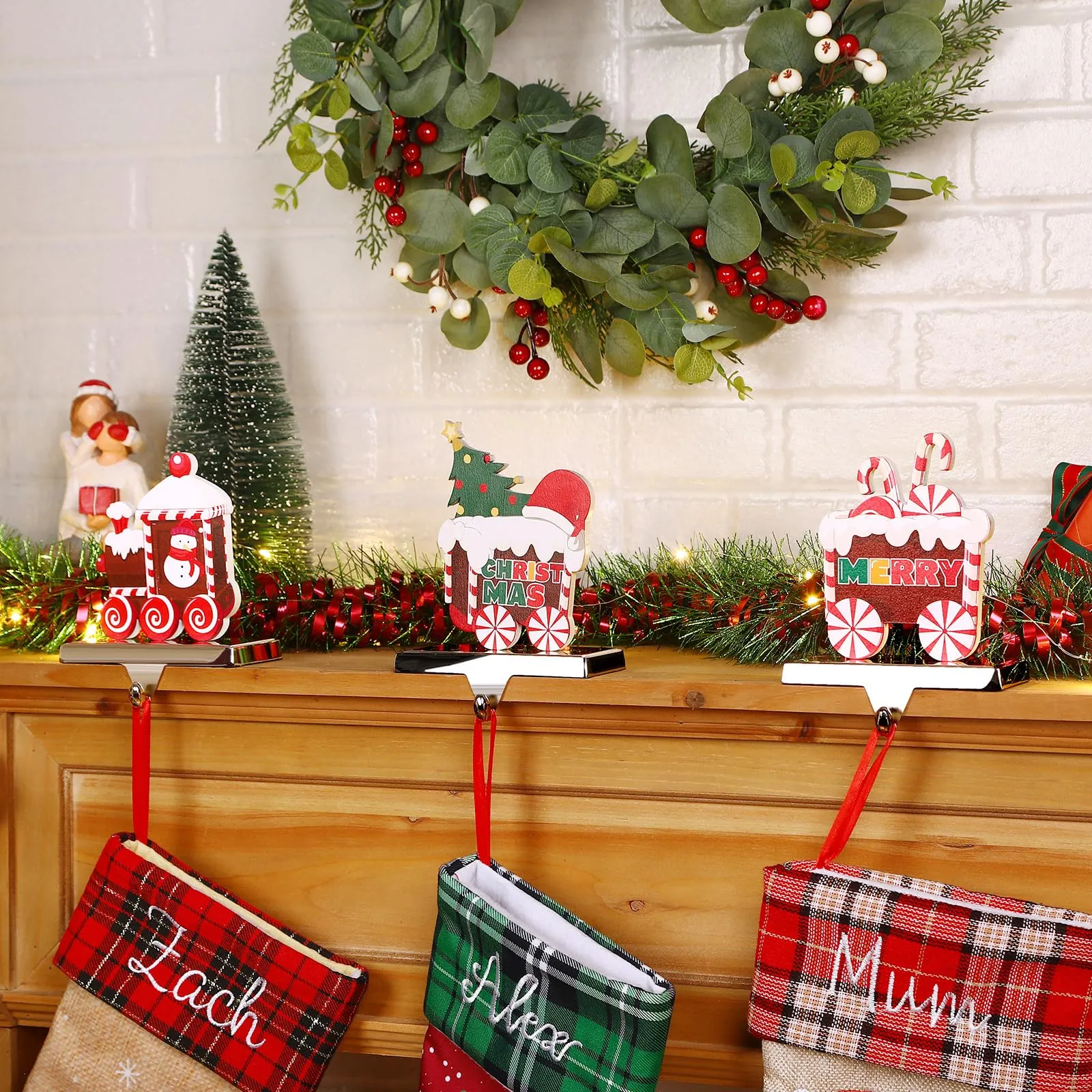 3 Pcs Candy Train Christmas Stocking Holders for Mantle