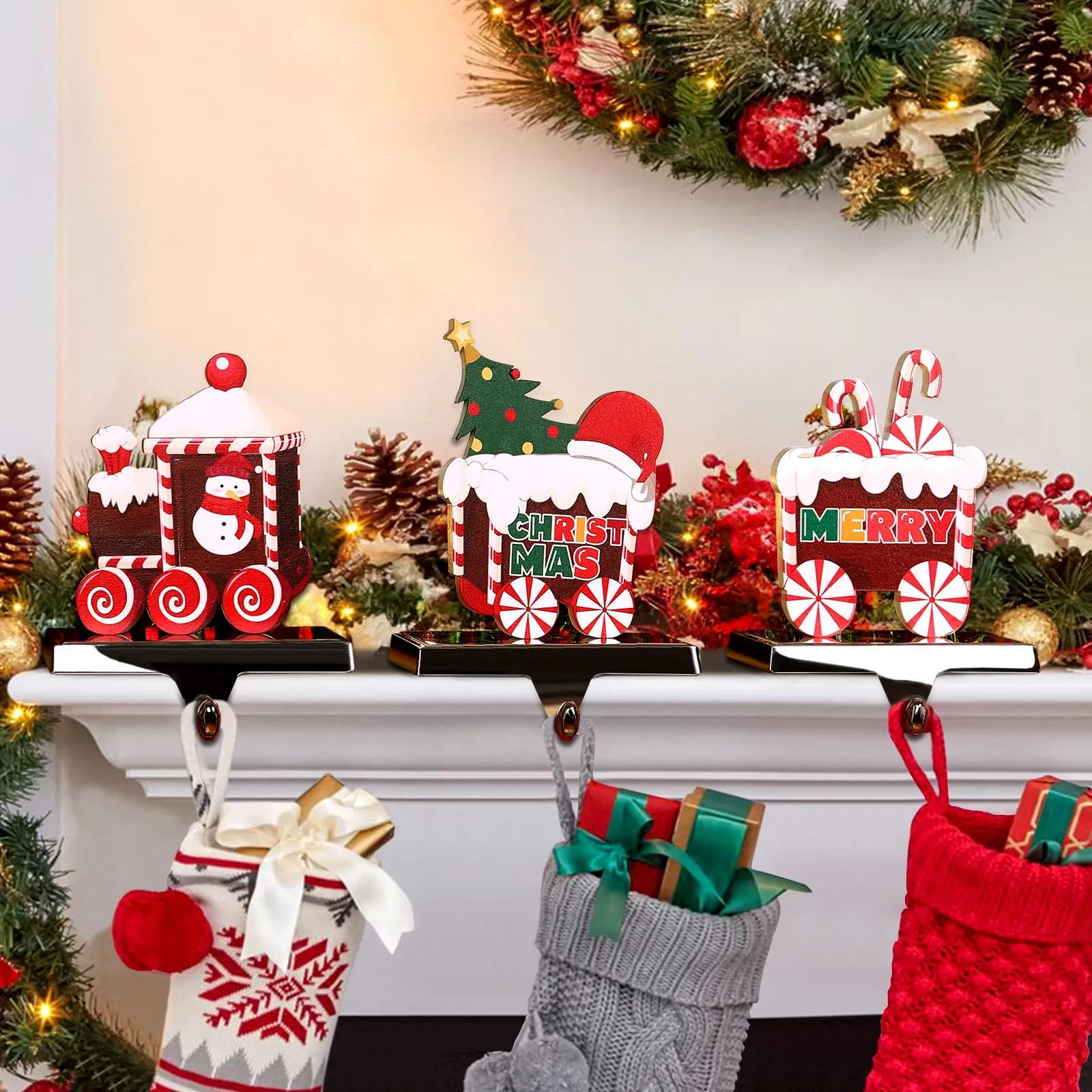 3 Pcs Candy Train Christmas Stocking Holders for Mantle