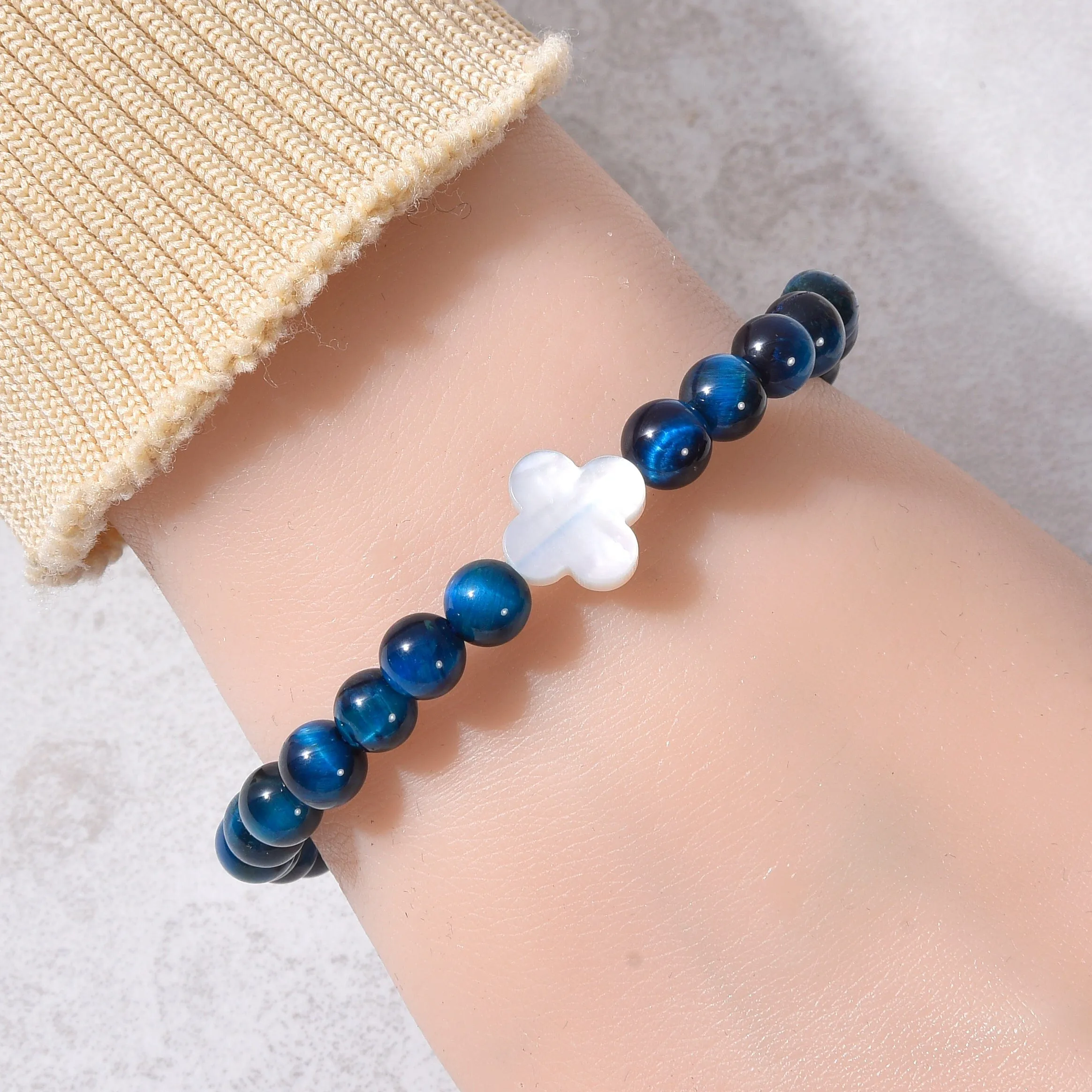 6mm Blue Tiger Eye Stretch Bracelet with Mother of Pearl Clover