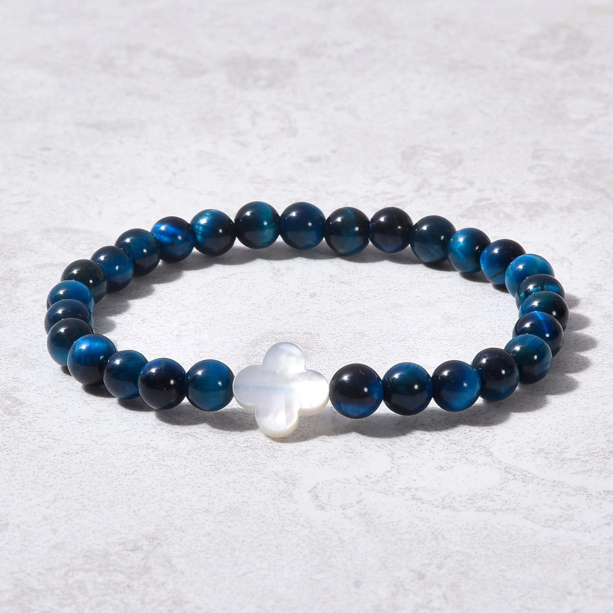 6mm Blue Tiger Eye Stretch Bracelet with Mother of Pearl Clover