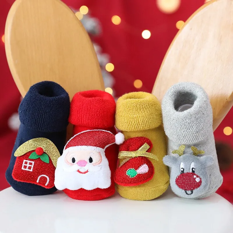 Baby Christmas Socks Winter Thick Terry Socks For Newborn Cartoon Santa Elk Anti Slip Floor Socks Keep Warm Kids Boys Girls Sock