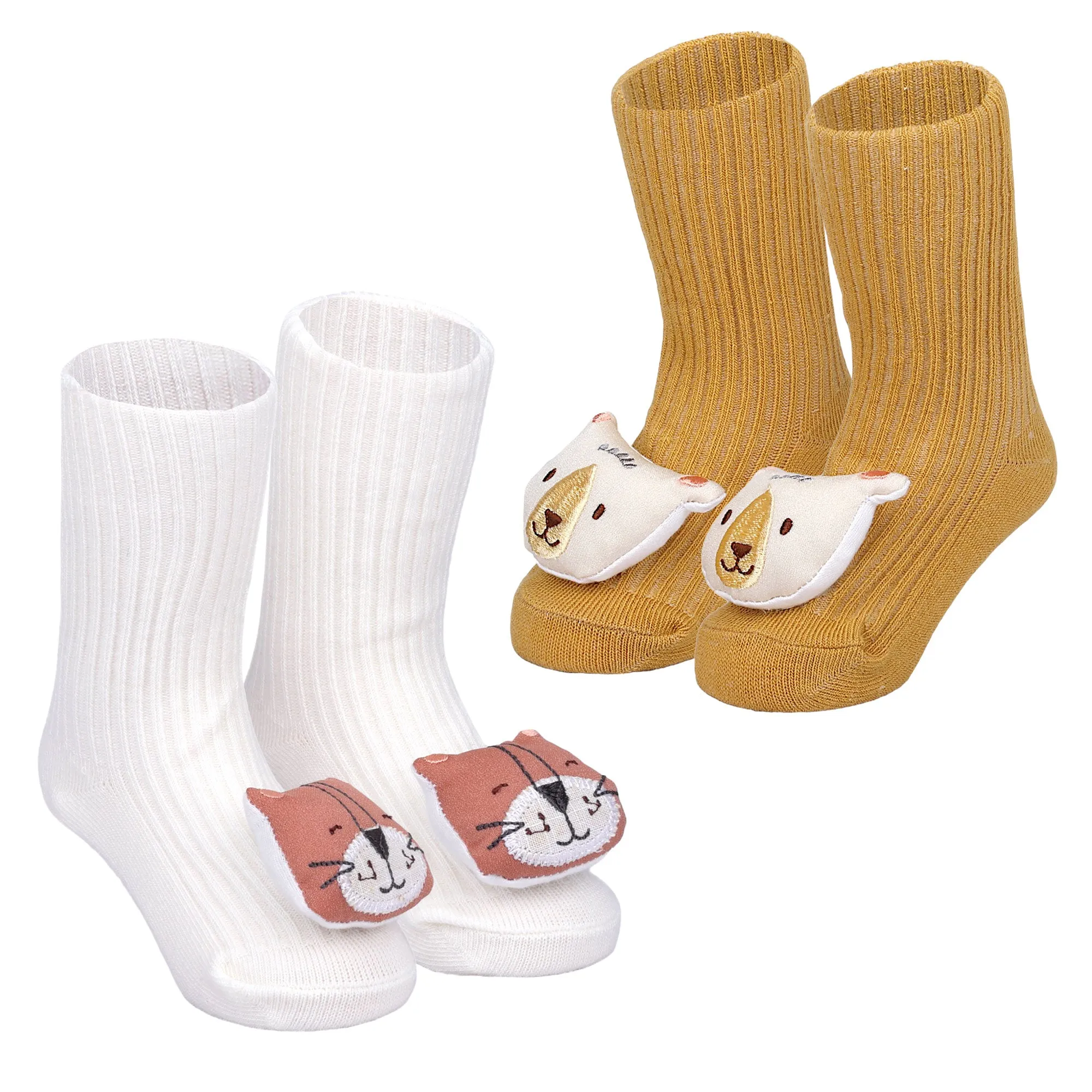 Baby Moo Animal 3D Rattle Anti-Skid Socks Booties Pack of 2 - Mustard, White