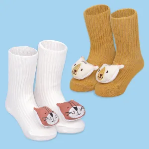 Baby Moo Animal 3D Rattle Anti-Skid Socks Booties Pack of 2 - Mustard, White