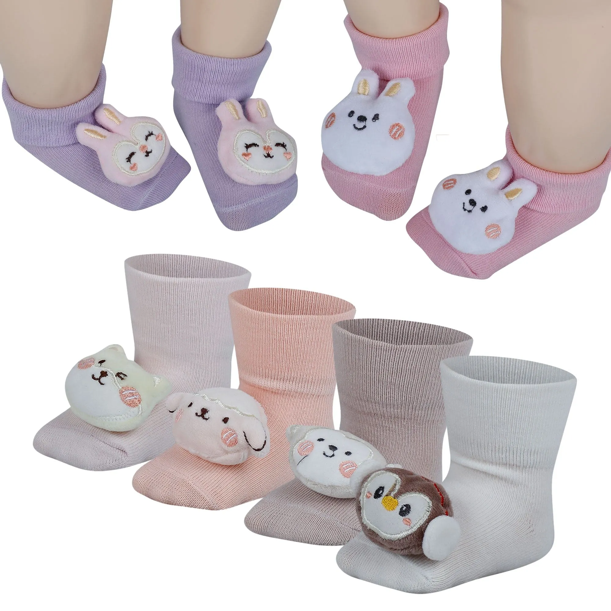 Baby Moo Bunny 3D Rattle Anti-Skid Socks Booties Pack of 6 - Pink