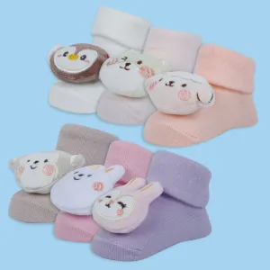 Baby Moo Bunny 3D Rattle Anti-Skid Socks Booties Pack of 6 - Pink