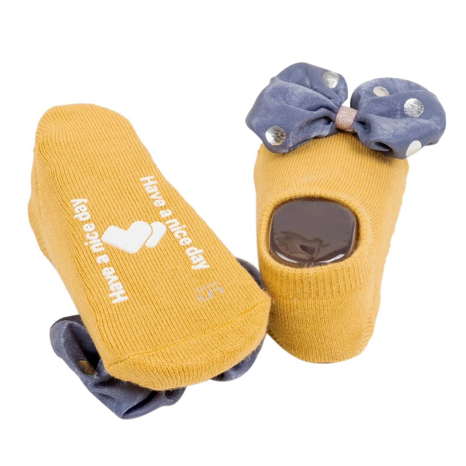 Baby Moo Butterfly Bow Anti Skid Ankle Length Toddlers Dress Up Walking Set of 2 Socks Booties - Navy Blue, Yellow