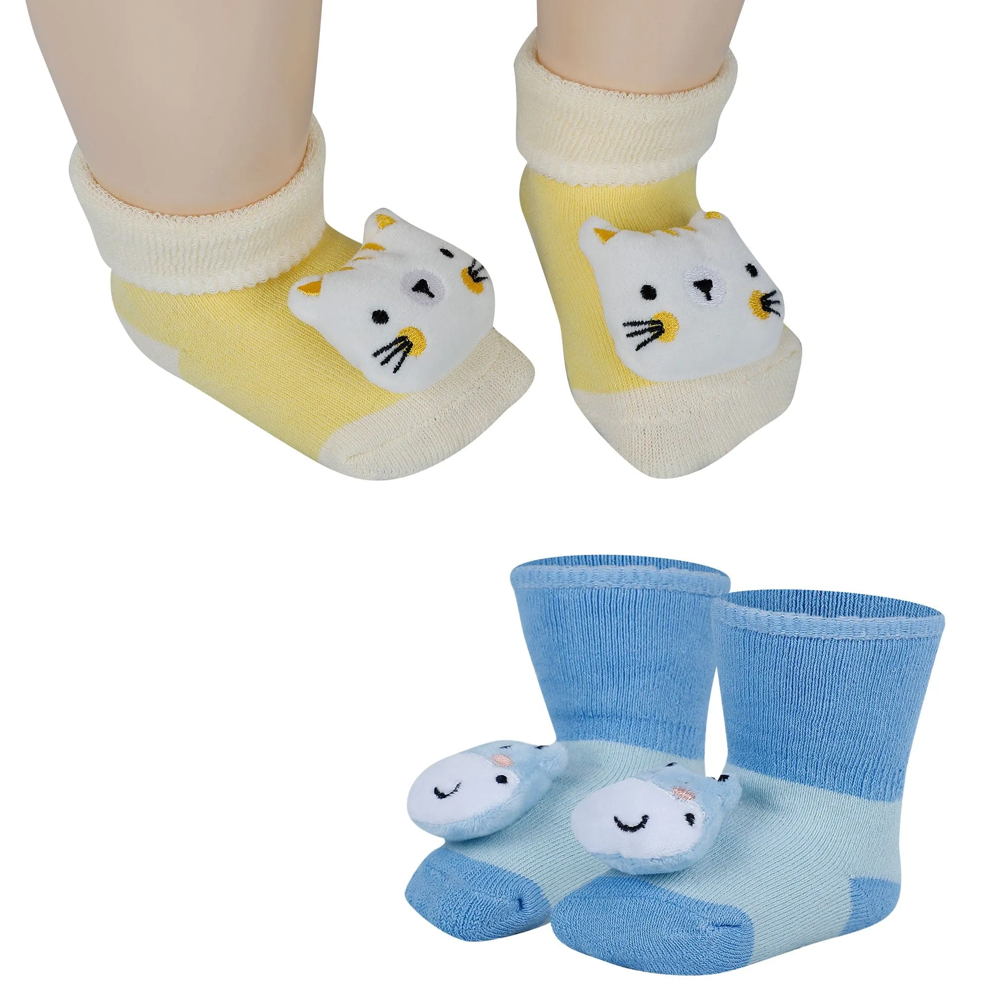 Baby Moo Cat And Hippo 3D Rattle Anti-Skid Socks Booties Pack of 2 - Yellow, Blue