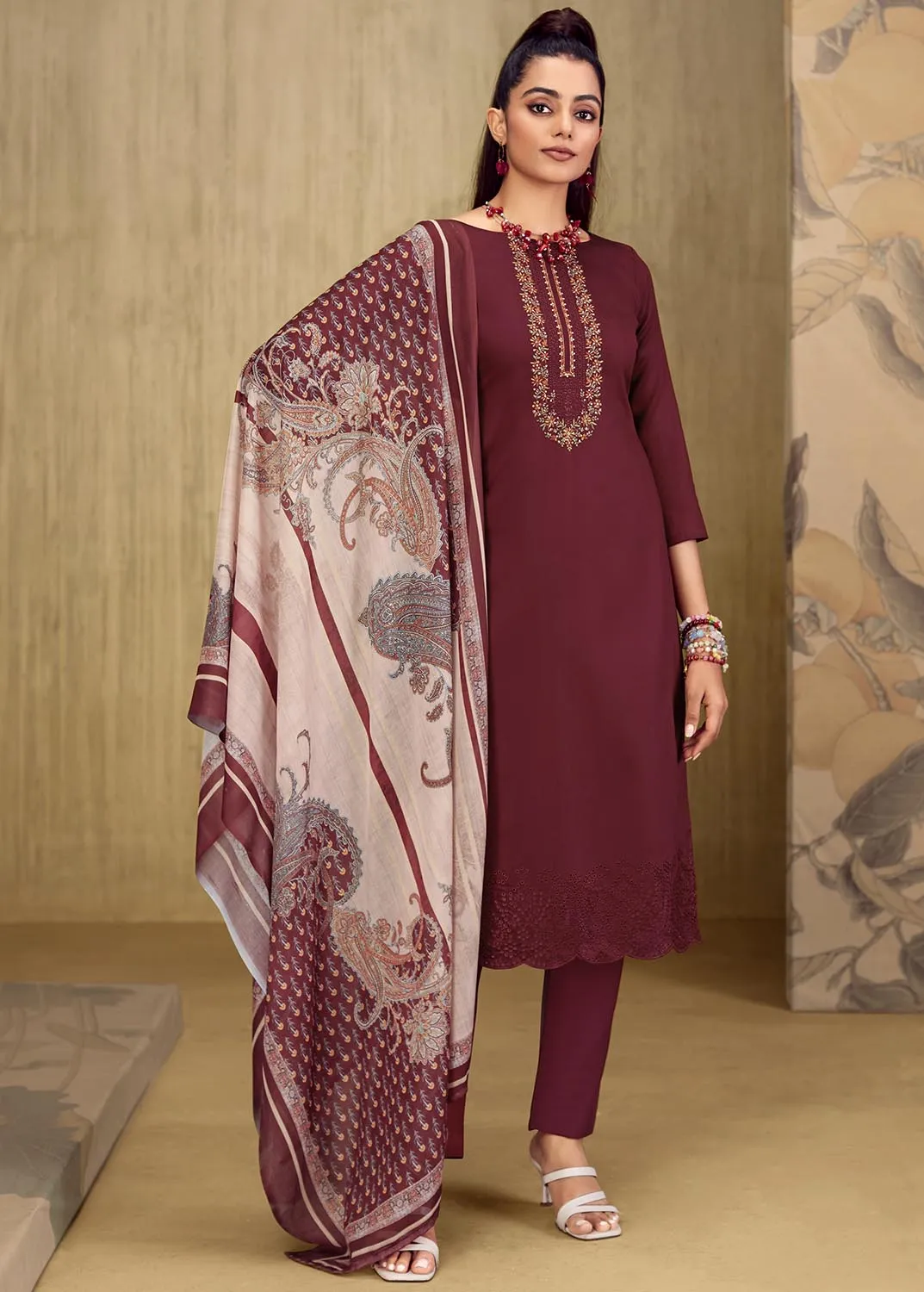 Belliza Women Embroidered Maroon Cotton Suit Dress Material Unstitched