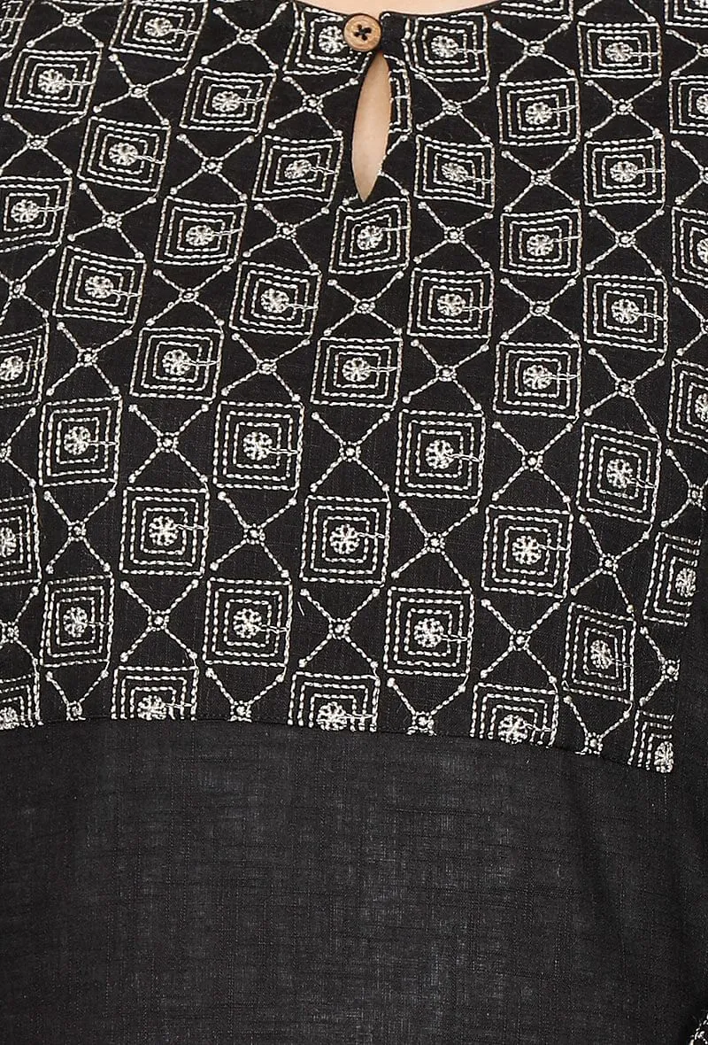 Black Kurta With Kantha Embroidered Yoke