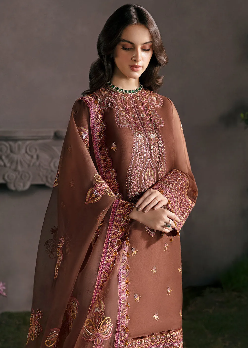 Brown Pakistani Palazzo Suit - Afrozeh La Fuchsia Formals '23 - Mahogany