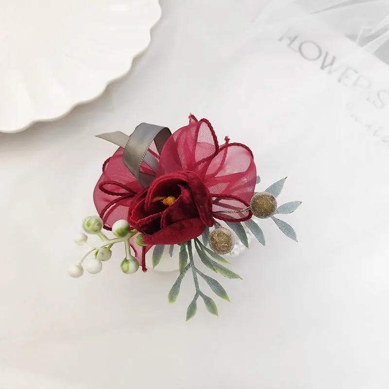 Bulk Romantic Marsala Artificial Flowers Velvet Tulips Wrist Corsage for Wedding Party Favors Wholesale