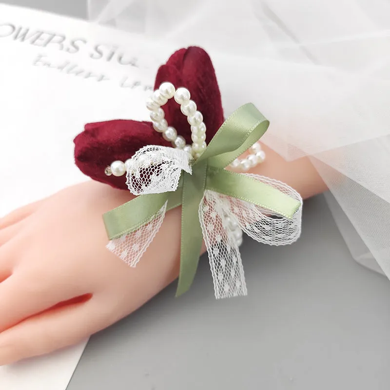 Bulk Romantic Marsala Artificial Flowers Velvet Tulips Wrist Corsage for Wedding Party Favors Wholesale