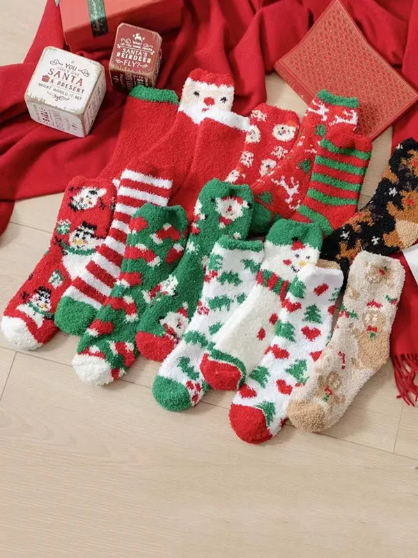 Cartoon Printed Contrast Color Keep Warm Velvet Socks Accessories