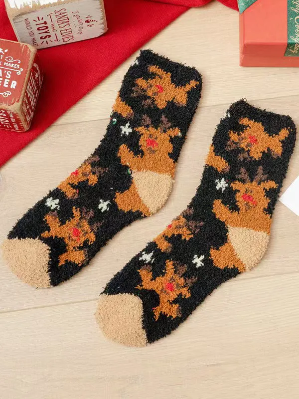 Cartoon Printed Contrast Color Keep Warm Velvet Socks Accessories