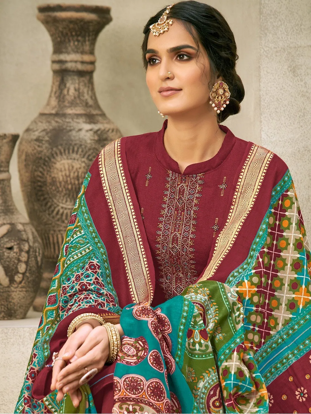 Cotton Embroidered Un-Stitched Maroon Palazzo Suit Set