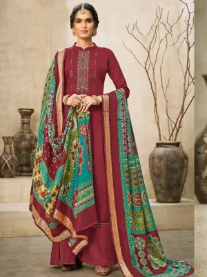 Cotton Embroidered Un-Stitched Maroon Palazzo Suit Set