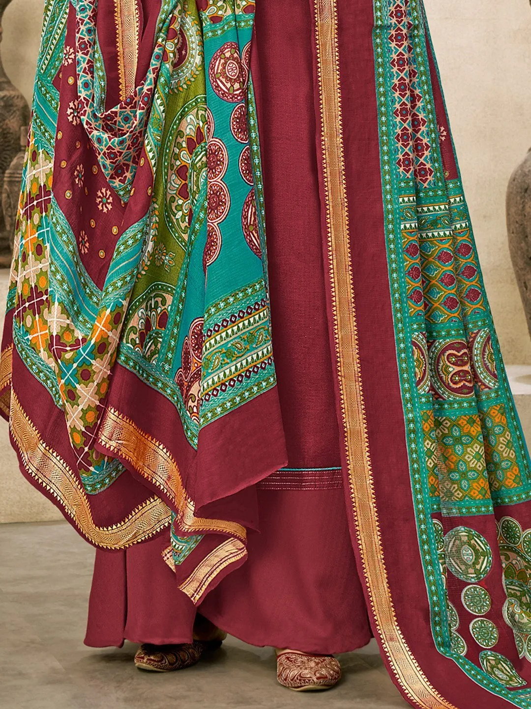 Cotton Embroidered Un-Stitched Maroon Palazzo Suit Set