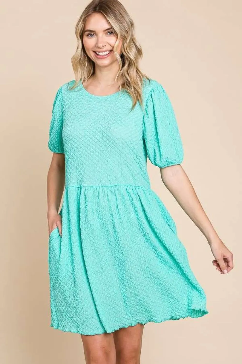 Culture Code Textured Round Neck Puff Sleeve Dress