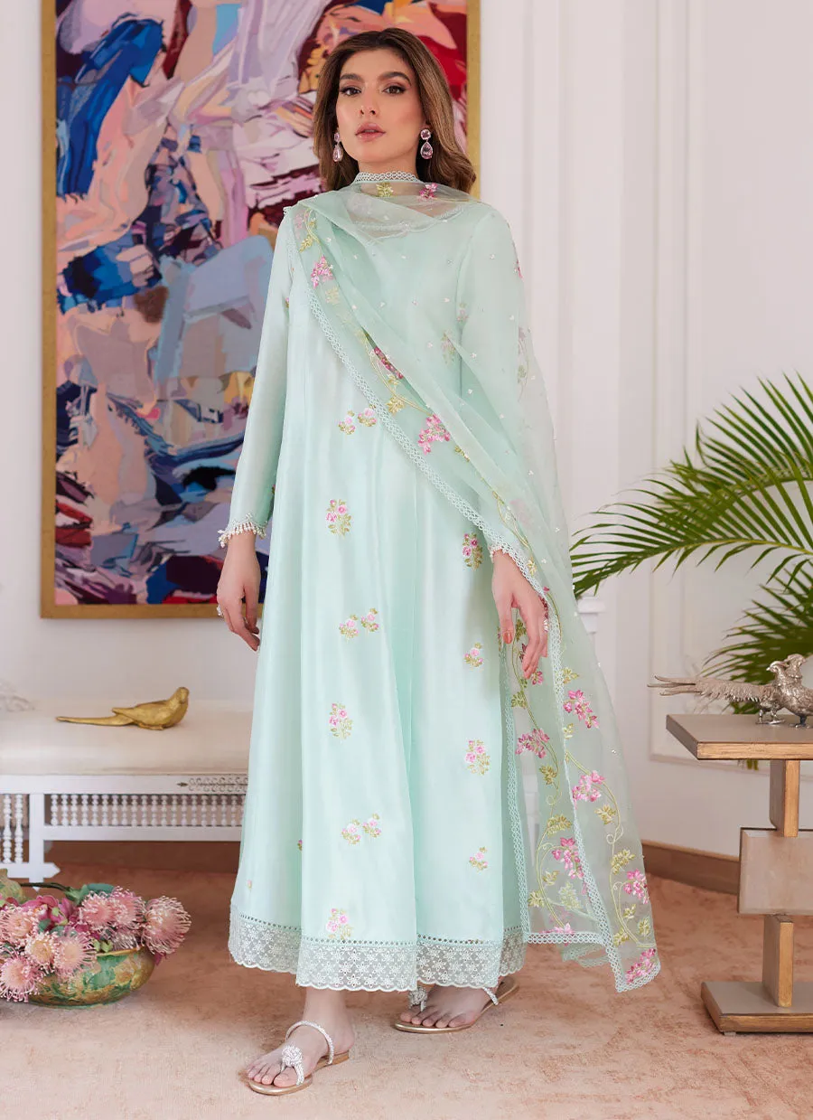 Elyssia Mint Embroidered Raw Silk Kalidar With Dupatta