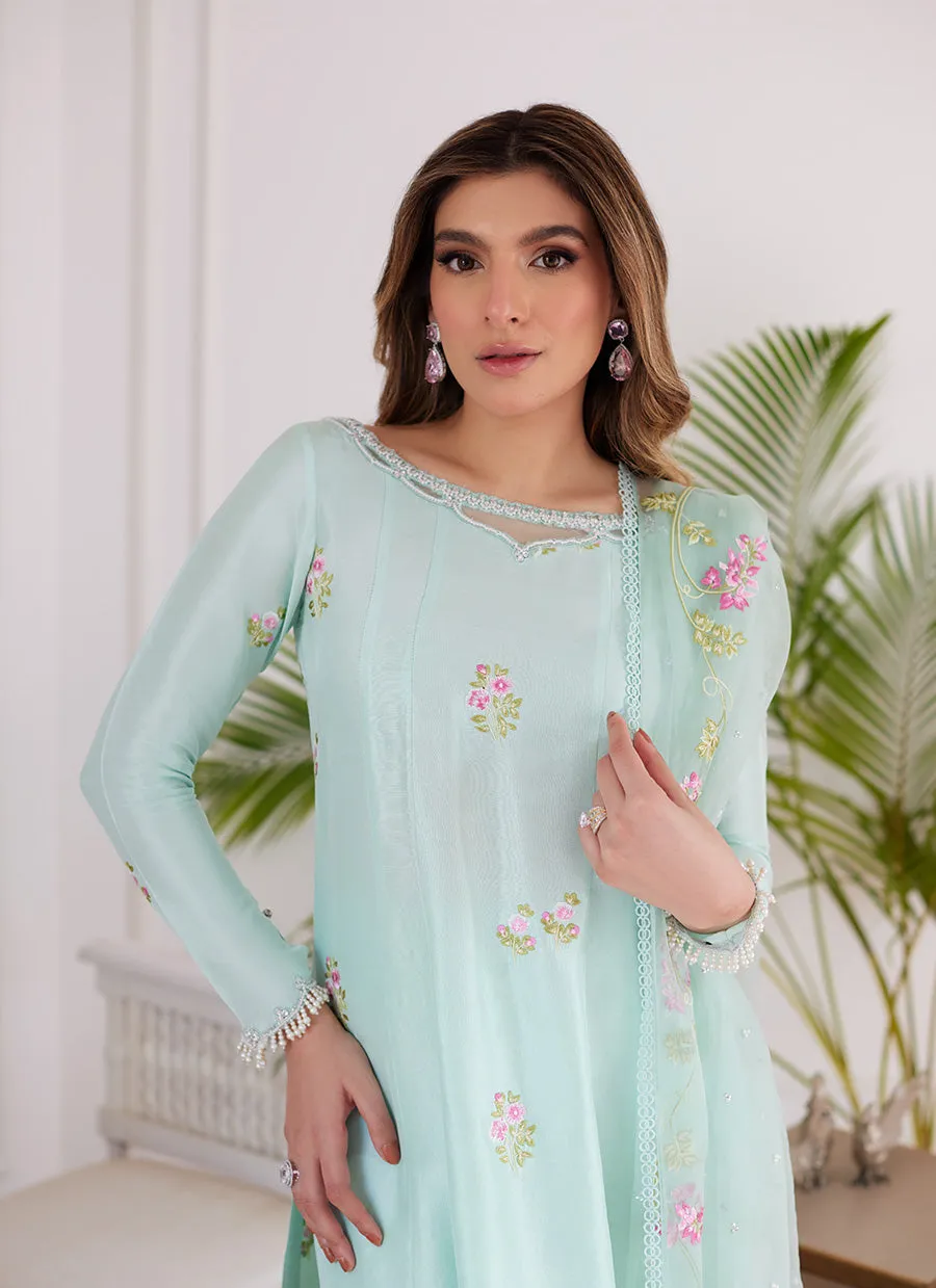 Elyssia Mint Embroidered Raw Silk Kalidar With Dupatta