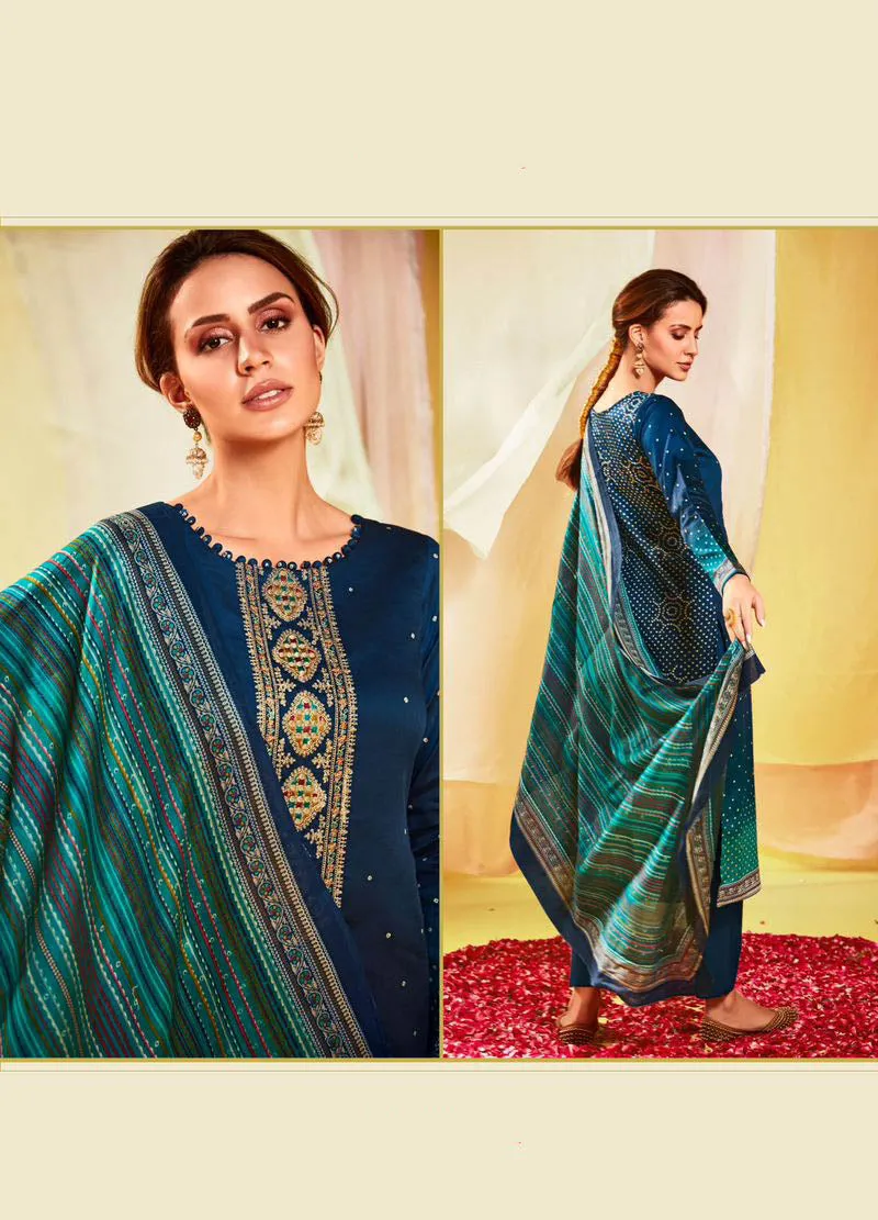 Embroidered Cotton Satin Unstitched Suit Set Blue