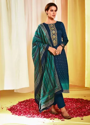 Embroidered Cotton Satin Unstitched Suit Set Blue