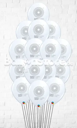 EXPO 2020 All White Balloon Bouquet on a Weights and Hi-float