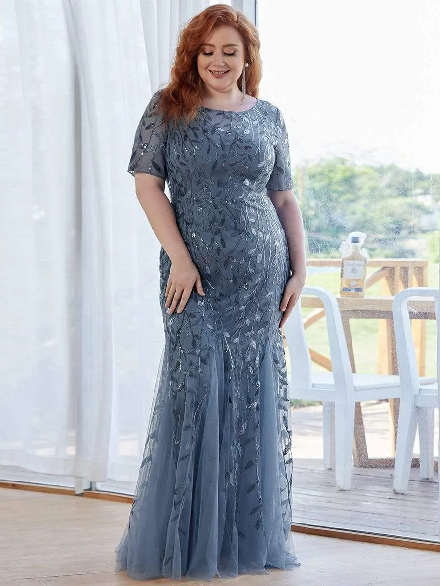 Floral Sequin Print Plus Size Mermaid Tulle Evening Dress