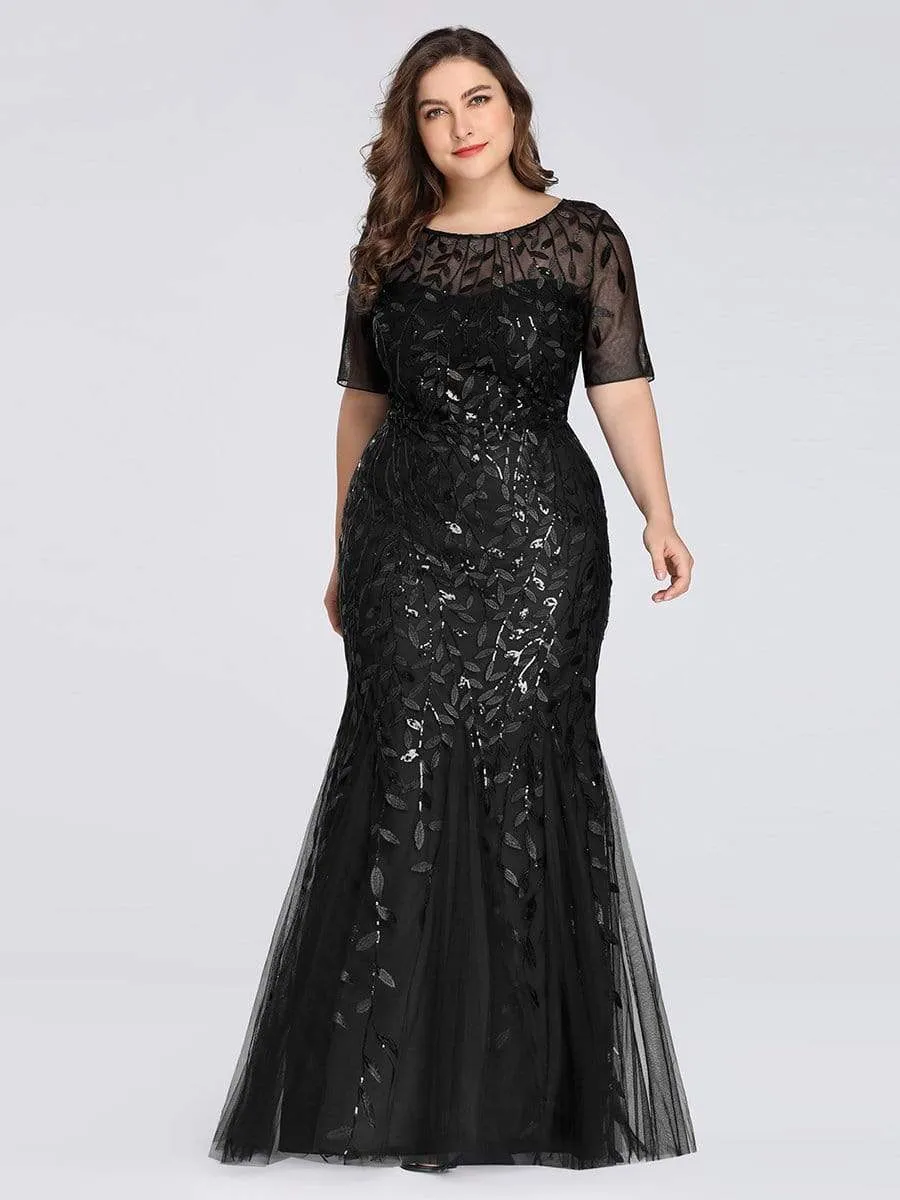 Floral Sequin Print Plus Size Mermaid Tulle Evening Dress