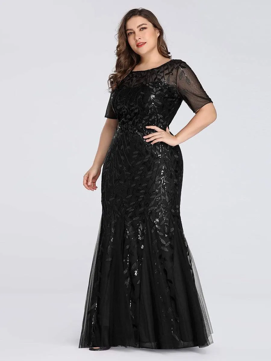 Floral Sequin Print Plus Size Mermaid Tulle Evening Dress