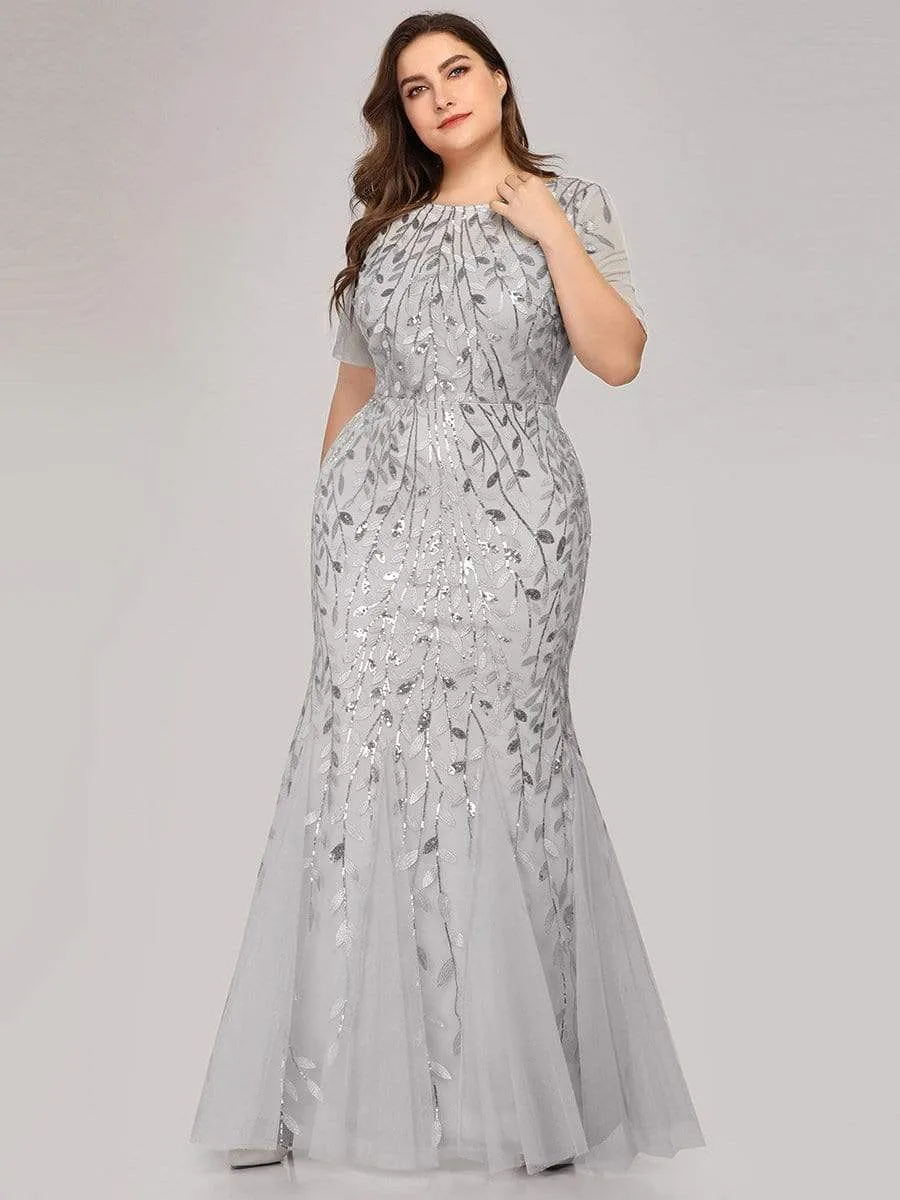 Floral Sequin Print Plus Size Mermaid Tulle Evening Dress