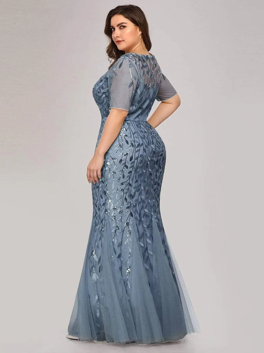 Floral Sequin Print Plus Size Mermaid Tulle Evening Dress