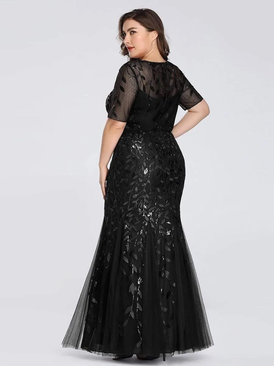 Floral Sequin Print Plus Size Mermaid Tulle Evening Dress