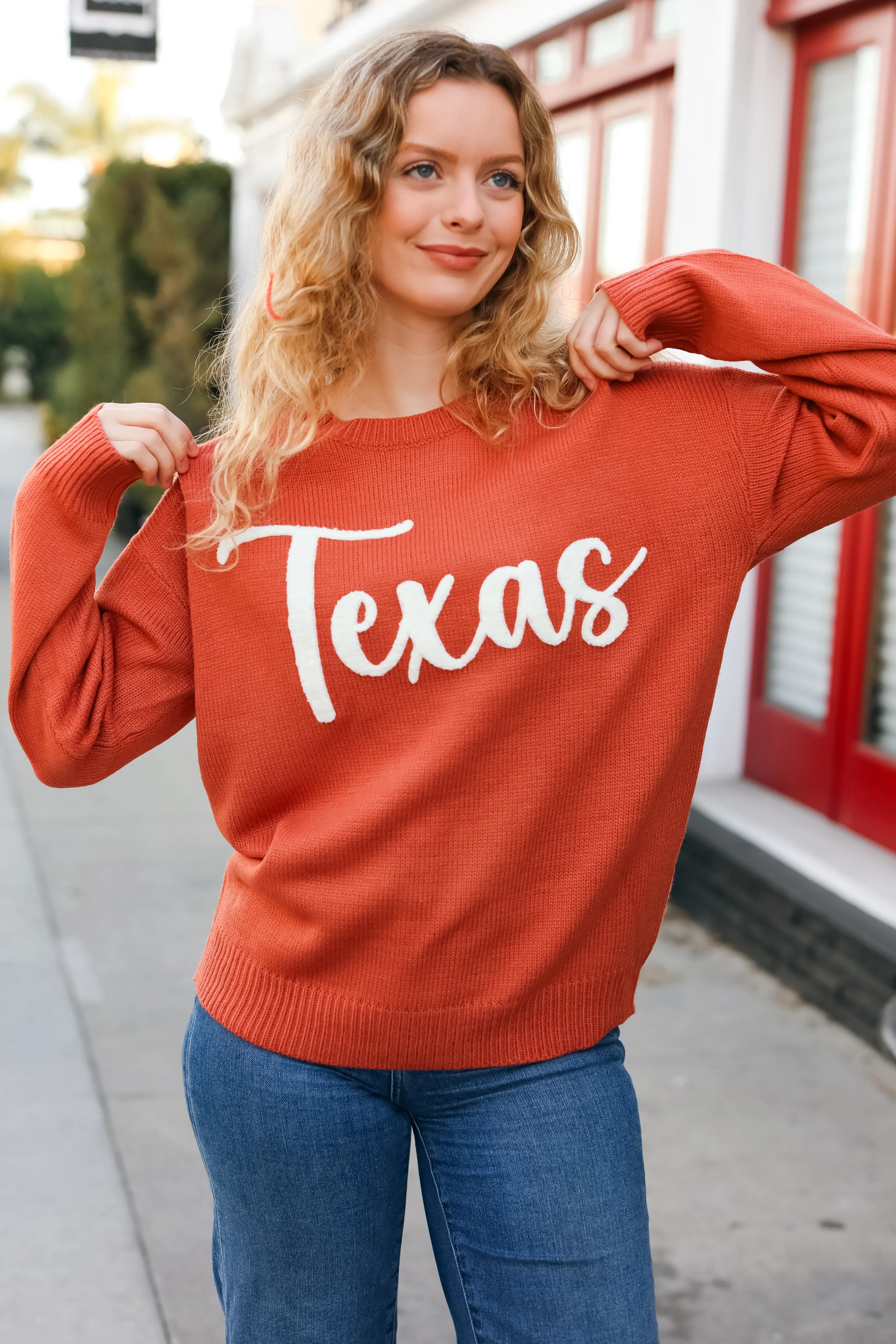 Game Day Burnt Orange "Texas" Embroidery Pop Up Sweater -SALE-