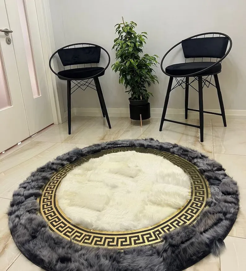 Genuine Handmade Gray And White Sheepskin Round Living Room Soft Rug