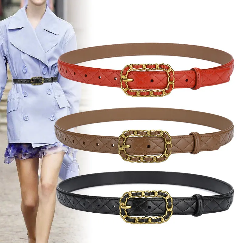 Genuine Leather Women's Belt with Casual Belt Women's Genuine Leather Two-Layer Belt Slim Waist Belt