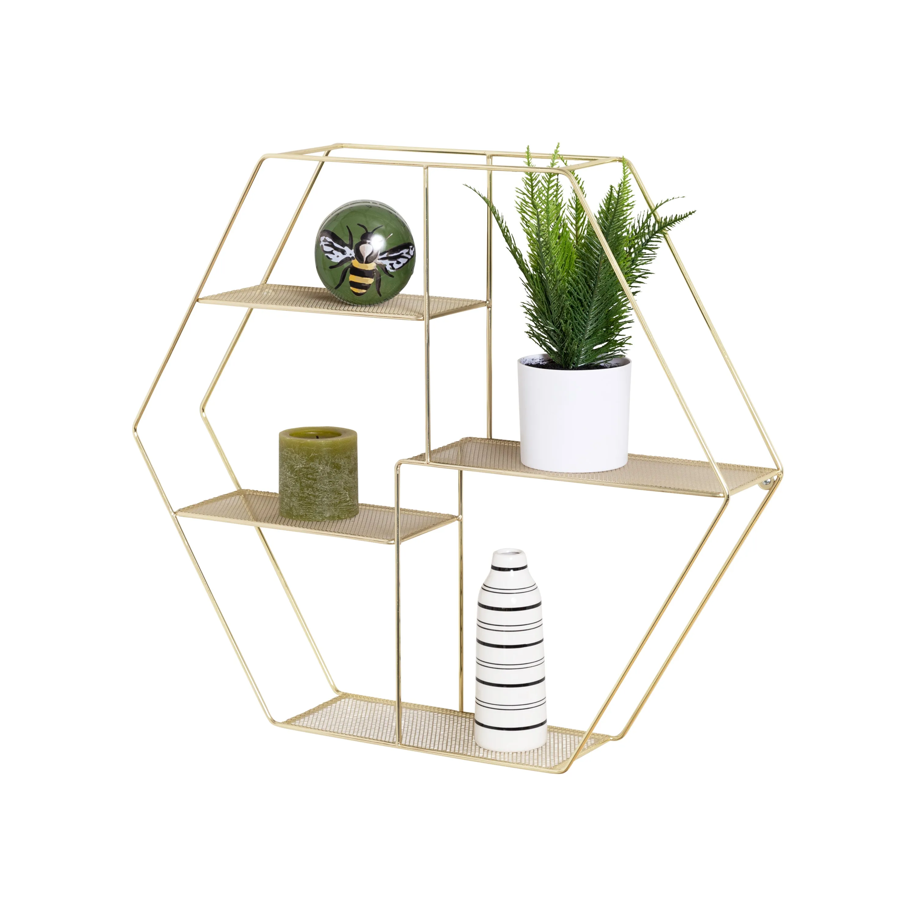 Gold 4-Tier Hexagonal Decorative Metal Wall Shelf