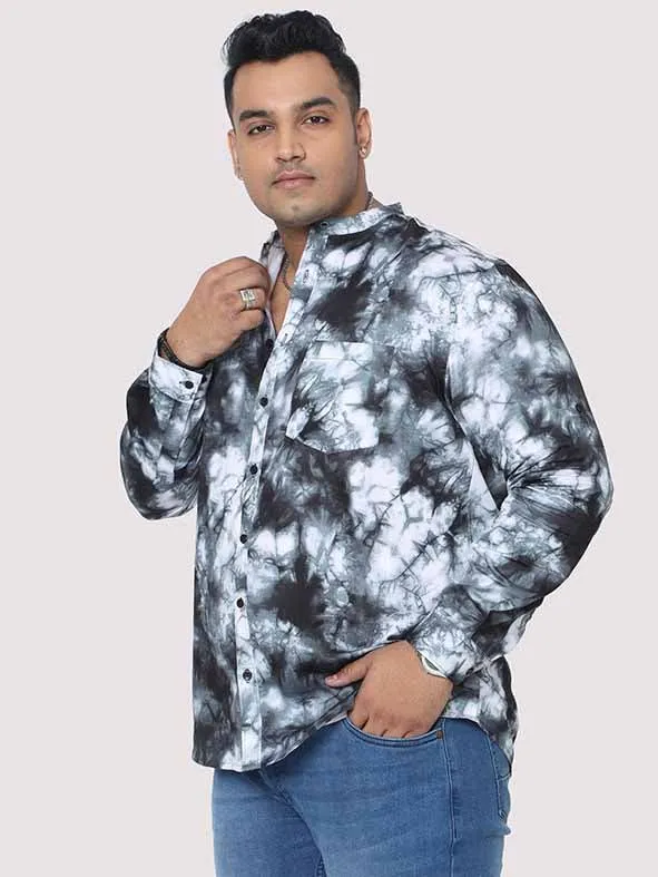 Grey Tie Dye Texture Chinese Collar Men's Plus Size Full Shirt