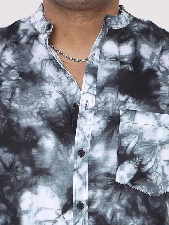 Grey Tie Dye Texture Chinese Collar Men's Plus Size Full Shirt