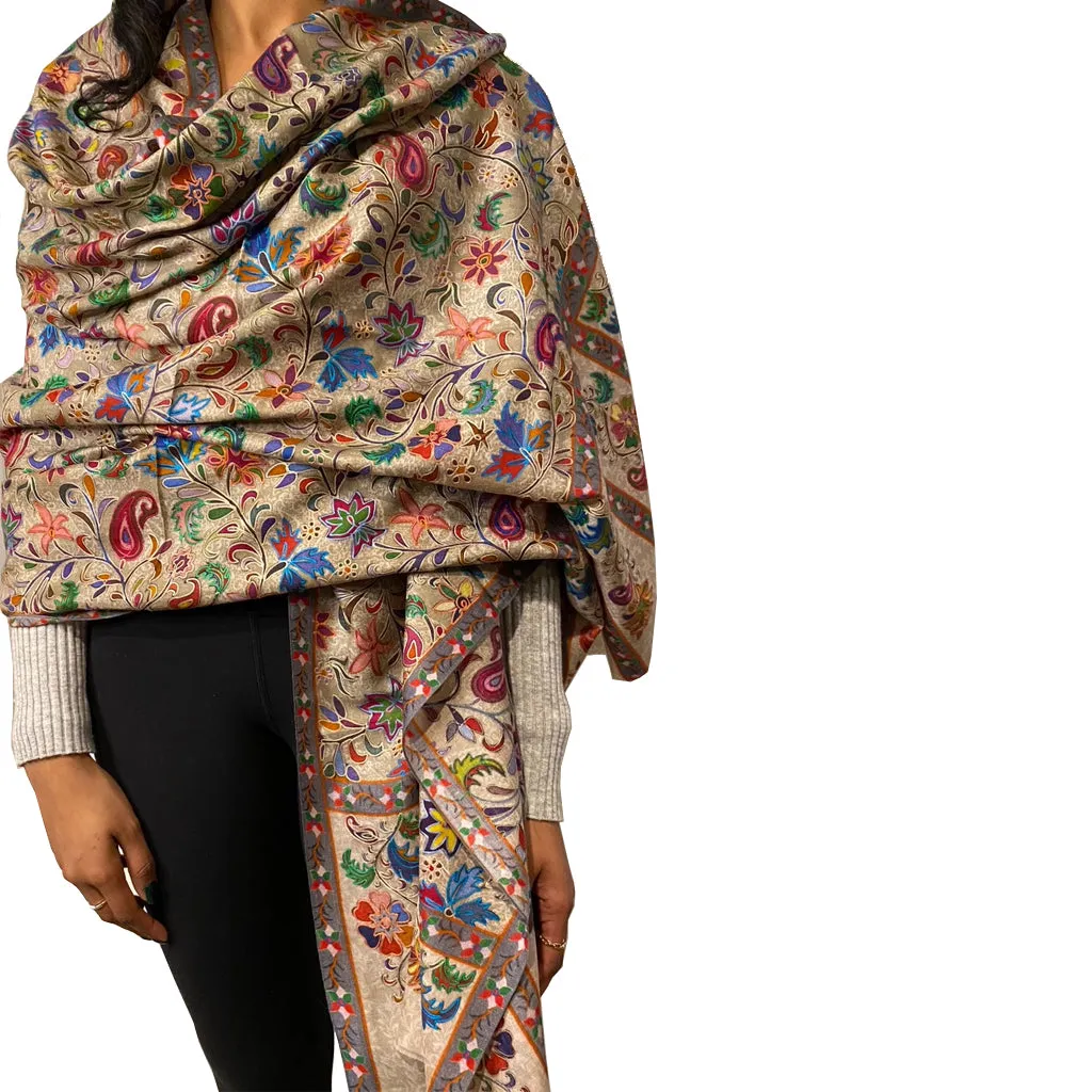 Madras Grey Kalamkari Printed and Embroidered Wool Stole