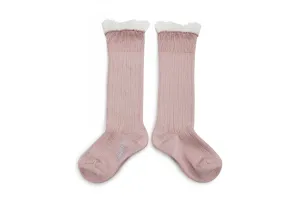 Manon - Ribbed Knee High Socks with Tulle (Vieux Rose)