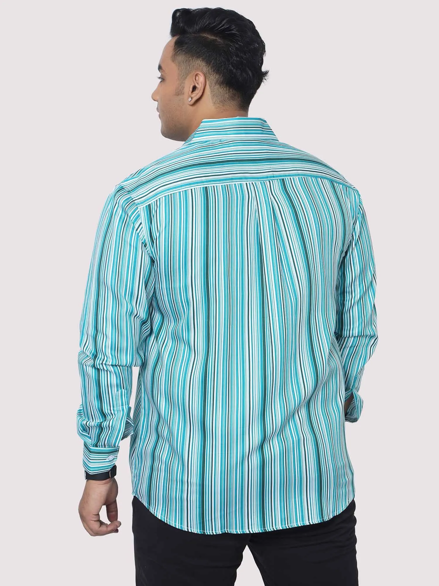 Men Plus Size Cyan Blue Striped Digital Printed Full Shirt