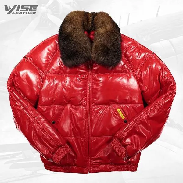 Men's Straight-Cut Red Leather Bomber Jacket