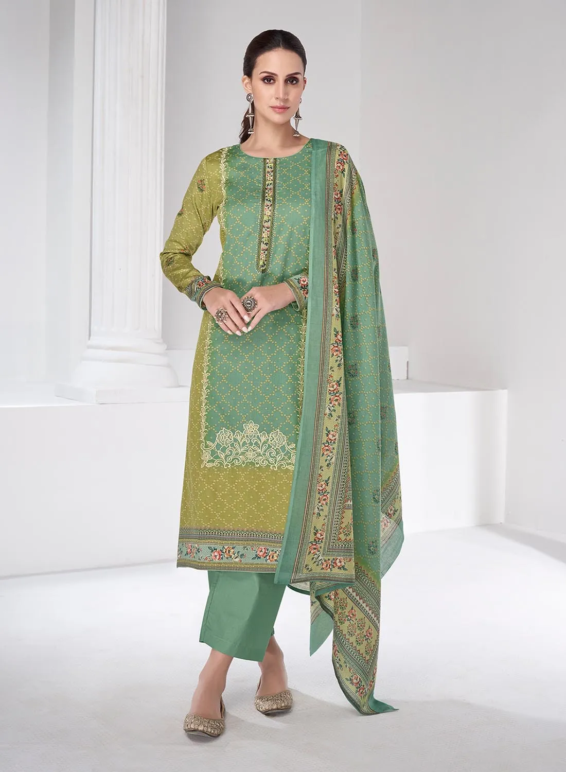 Mumtaz Arts Green Cotton Satin Embroidered Unstitched Suit Material