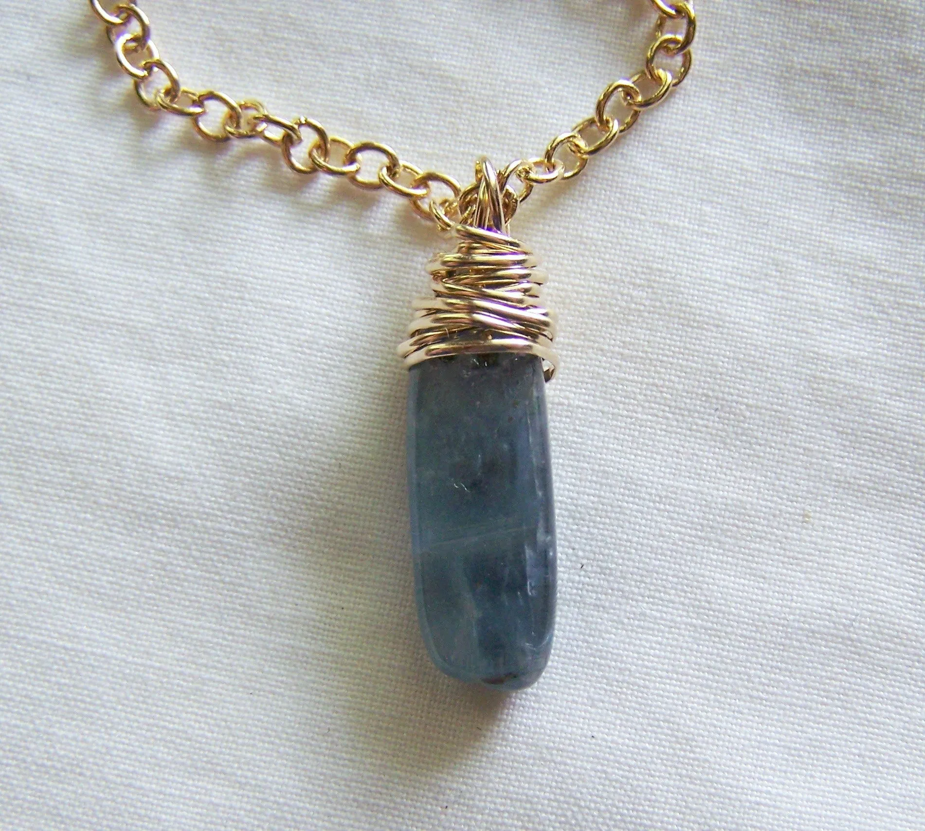 Natural Blue Kyanite Gold Wrapped Gemstone Pendant Necklace