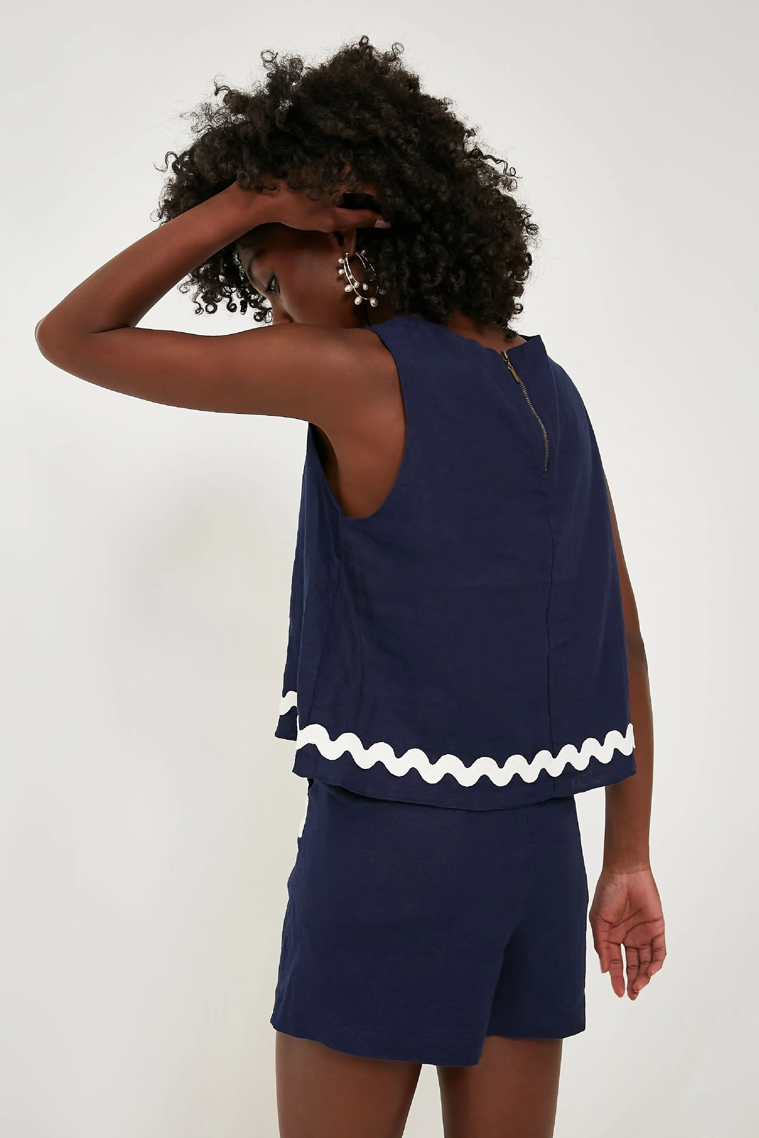 Navy Linen Sleeveless Zip Back Top