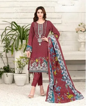 Pakistani Style Lawn Cotton Unstitched Red Suit Material for Women