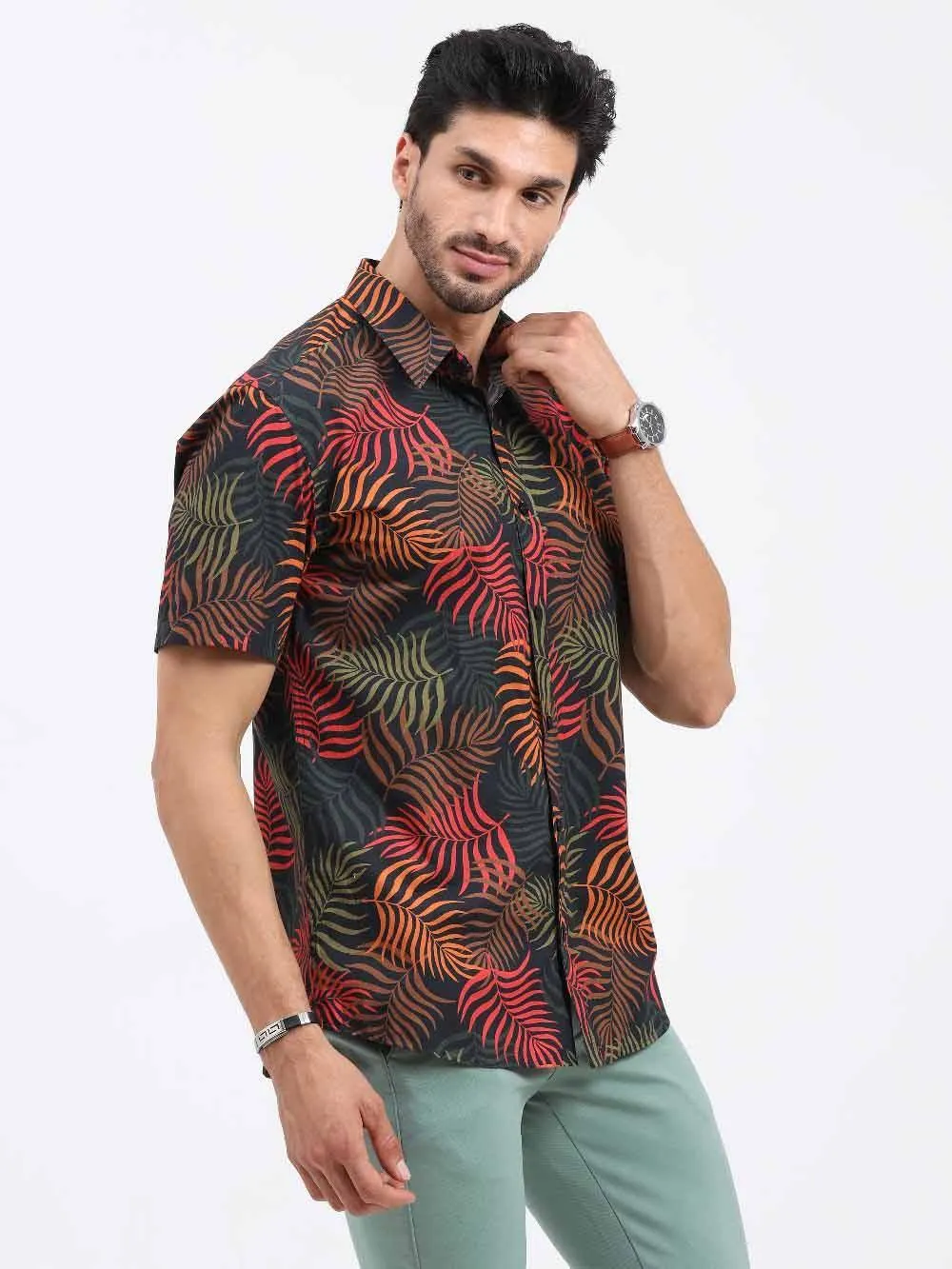 Palm Leaves Printed Cotton Half Sleeve Shirt